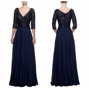 NWOT La Femme Sequin Top Chiffon Gown Women's Navy Mother of the Bride Size 16